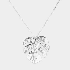 Silver Hammered Metal Tropical Leaf Pendant Necklace Chain Jewelry